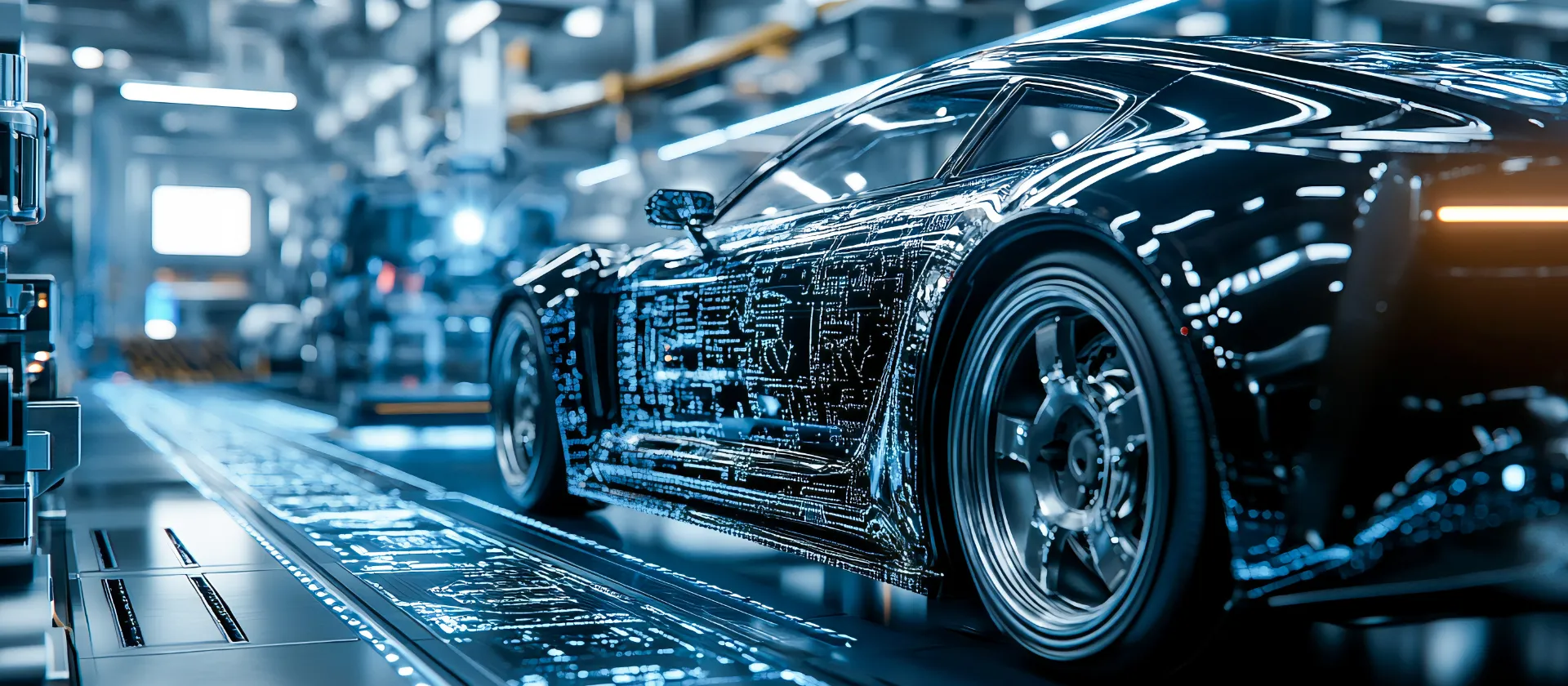 Digitalization concept in the car factory industry with automated robot arm assembly lines manufacturing high-tech