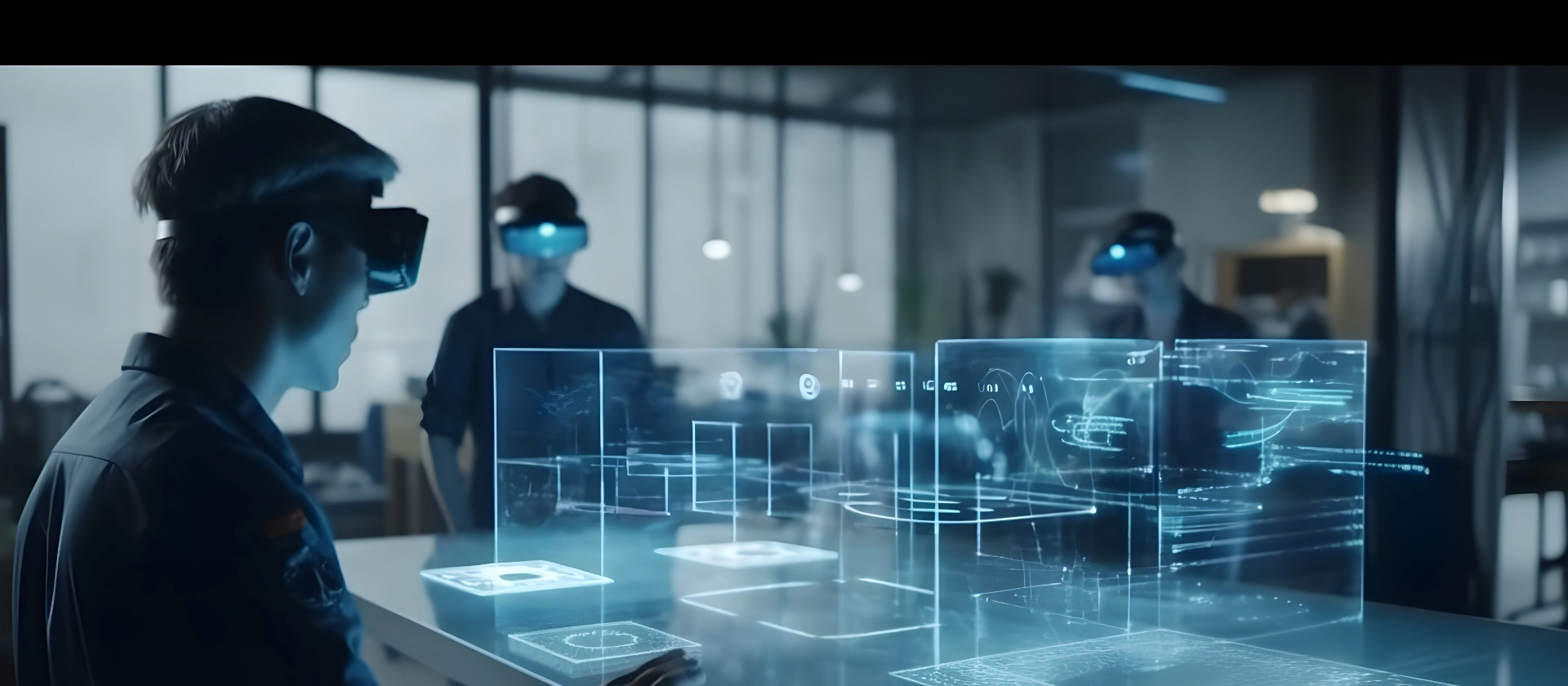 Person mit VR-Brille und Hologramm als Digitaler Zwilling