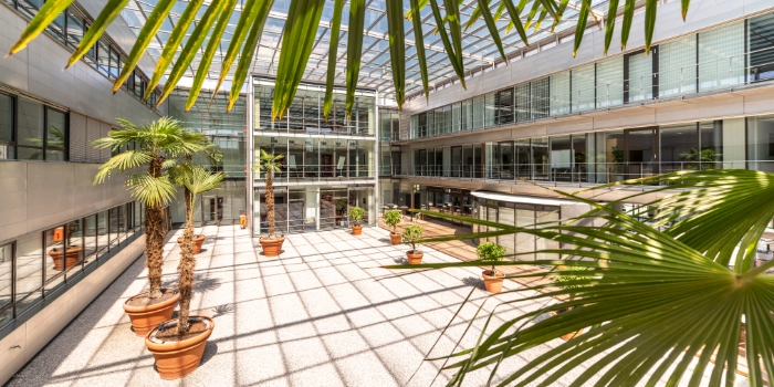 Überdachter mit Topfpalmen gesäumter Innenhof in der msg-Firmenzentrale Ismaning