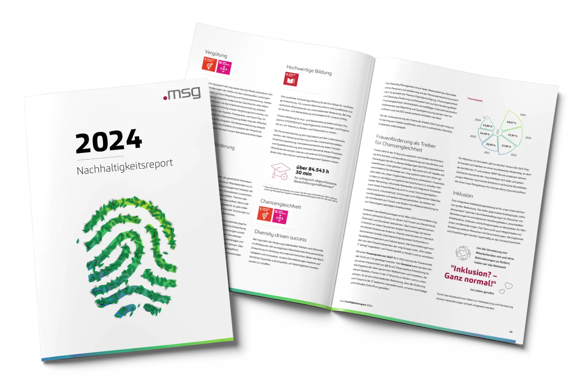 Mockup des msg Nachhaltigkeitsreports 2024 mit grünem Fingerabdruck auf dem Cover.
