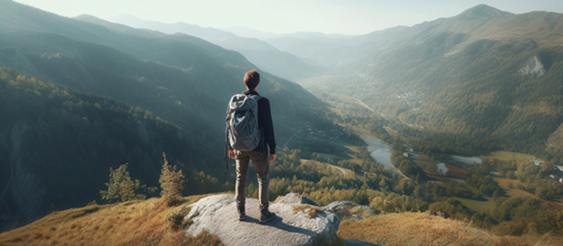 Bergsteiger, der in die Ferne sieht